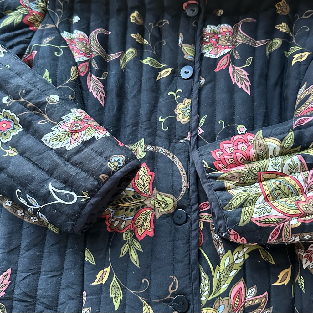 Quilted Silk Artisan Jacket Small Petite Black Floral Coat Boho Quiet Luxury - Picture 4 of 8